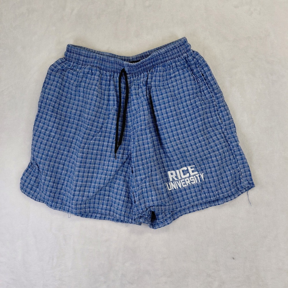 Vintage Embassy Rice University Plaid Lounge Shorts Mens SM Blue Made in‎ USA
